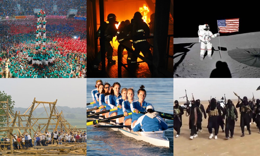 A few superorganisms in action. (Top: human towers of Tarragona, fire department, NASA. Bottom: Amish community, rowing team, ISIS.)